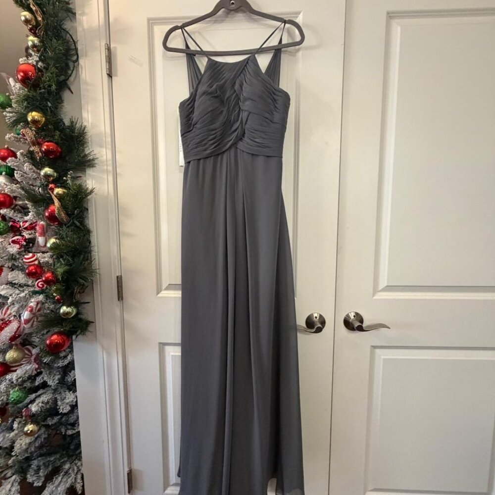 Azazie Long Gray Chiffon Pleated Formal Dress – Size M – Bridesmaid / Evening - Picture 3 of 8